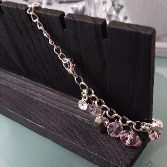 DESIGNER Mod/Contemporary Silver Pale Pink Clear Crystal Charm Rolo Bracelet - Picture 5 of 5